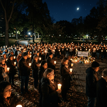 People holding candles at an outdoor nighttime vigil in front of a sign reading Unity & Remembrance